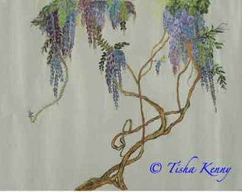 Wisteria Beauty Asian Brush Painting su carta dorata, biglietto fatto a mano stampato su carta di lino fine.