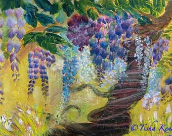 Wisteria Garden Asian Brush Painting on Gold Paper hand made card printed on fine linen paper.