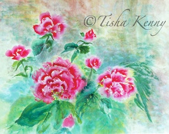 Peony Study I Asian Brush Painting on Rice Paper hand made card printed on fine linen paper.