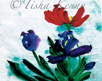 Tulips Asian Brush Painting on Rice Paper hand made card printed on fine linen paper.