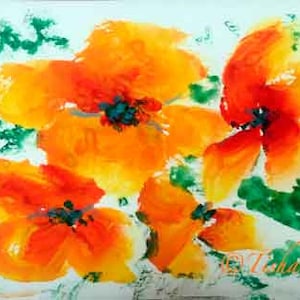 Mohnblumen 3 Gemälde auf gelbem Aquarellpapier, handgefertigte Karte auf feinem Leinenpapier gedruckt.