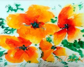 Poppies  Painting on Yellow Watercolor  Paper hand made card printed on fine linen paper.