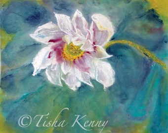 Luminous Lotus  Asian Brush Painting on Rice Paper hand made card printed on fine linen paper.