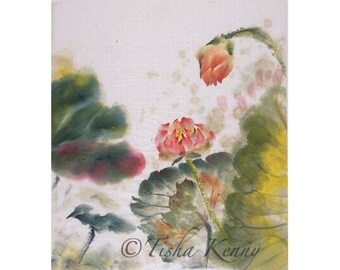 Lotus & Leaves II Asian Brush Painting on Rice Paper hand made card printed on linen paper.