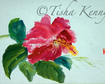 Czerwony hibiskus - azjatycki obraz malowany pędzlem na papierze ryżowym, ręcznie wykonany, wydrukowany na cienkim papierze lnianym.