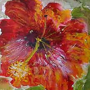 Sommer Hibiskus Malerei auf Aquarell Papier handgemacht E-Card auf feinem Leinenpapier gedruckt.
