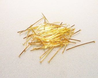 50 head pins - 30mm - gold plated - gold plated head pin - 30mm head pins - flat head pins - gold head pins