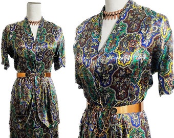 SALE• 1940s jewel toned liquid satin dress elegant 40s cocktail dress peplum skirt