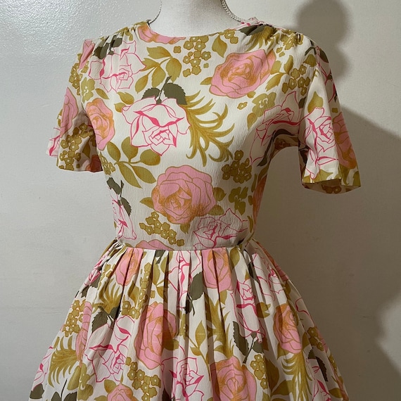 1960s XL volup rose print fit and flare dress 50s… - image 2