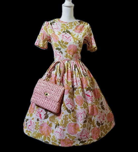 1960s XL volup rose print fit and flare dress 50s… - image 4