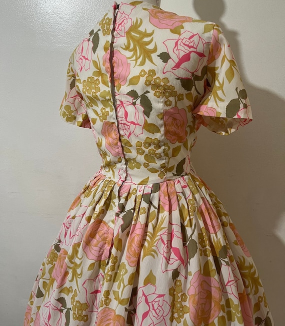 1960s XL volup rose print fit and flare dress 50s… - image 9