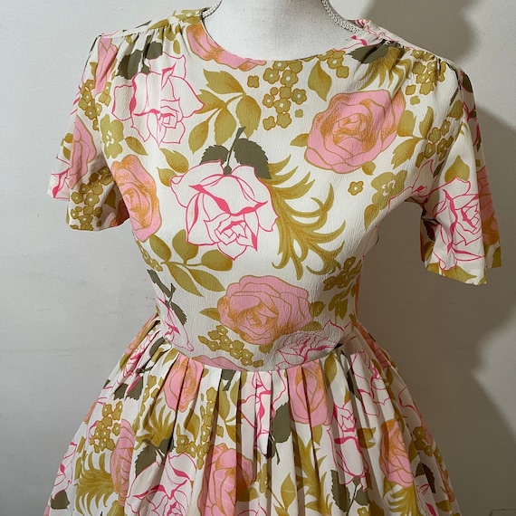 1960s XL volup rose print fit and flare dress 50s… - image 7