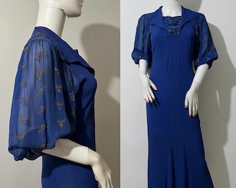 1930s puff sleeves royal blue rayon dress 30s gown cocktail party renaissance faire theater