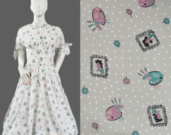 1950s novelty print fit and flare dress 40s 50s full skirt dress cute kitschy print