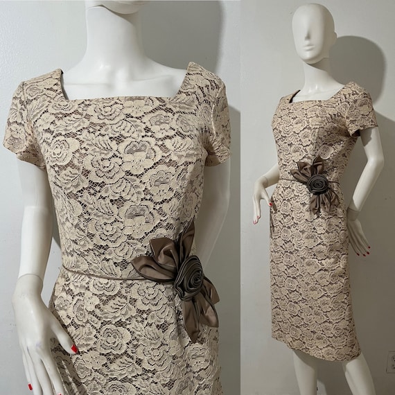1960s lace pencil cocktail dress with satin roset… - image 4