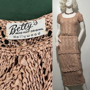 SALE• 1940s Betty’s Hollywood Original hand knit ribbon dress with matching belt 40s knit set