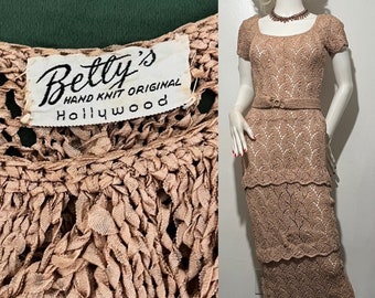 SALE• 1940s Betty’s Hollywood Original hand knit ribbon dress with matching belt 40s knit set