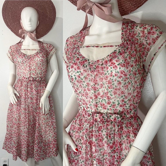 SALE• Vintage Carole King rose print dress 1940s … - image 1