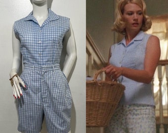 1950s blue gingham plaid shorts and blouse set 50s matching set summer pin up style