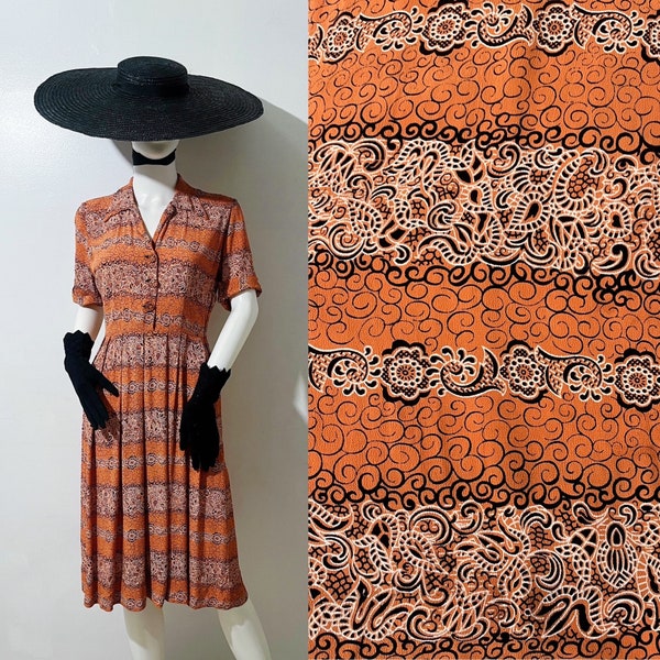 1940s cold rayon pumpkin orange dress 40s fashion dress fall autumn Halloween colors