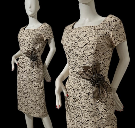 1960s lace pencil cocktail dress with satin roset… - image 1