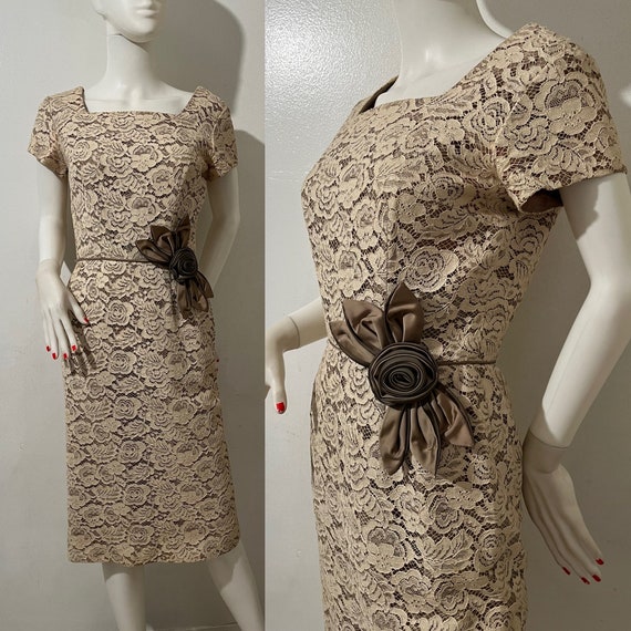 1960s lace pencil cocktail dress with satin roset… - image 5