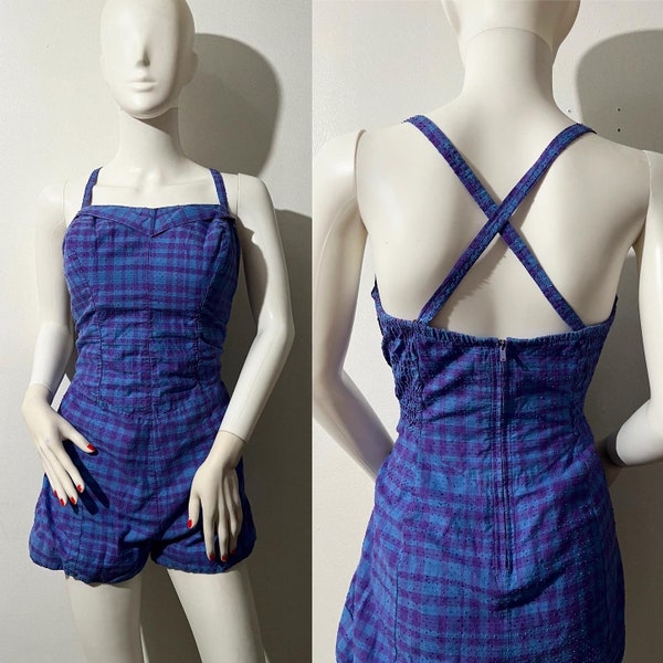 SALE• Curvy 1940s Catalina plaid purple blue swimsuit playsuit romper 40s pin up