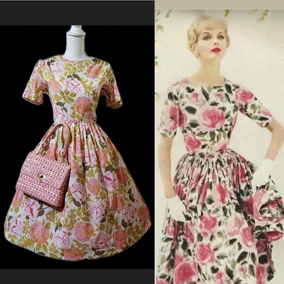 1960s XL volup rose print fit and flare dress 50s… - image 1