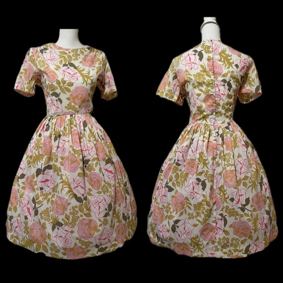 1960s XL volup rose print fit and flare dress 50s… - image 10