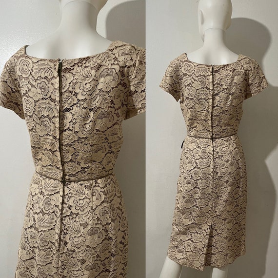 1960s lace pencil cocktail dress with satin roset… - image 7
