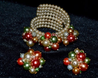 1950s Japan Export Faux Colored Pearl Bracelet and Earrings Set