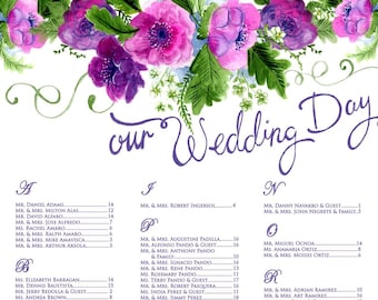 Purple Floral Wedding Seating Chart, Garden wedding, Garden Seating Chart,Printed Table assignment,Matching table numbers, PRINTED & SHIPPED