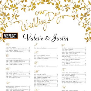 May include: A wedding seating chart with gold floral accents. The names of the wedding party and guests are listed in black text on a cream background. The words "our Wedding Day" are in gold script.