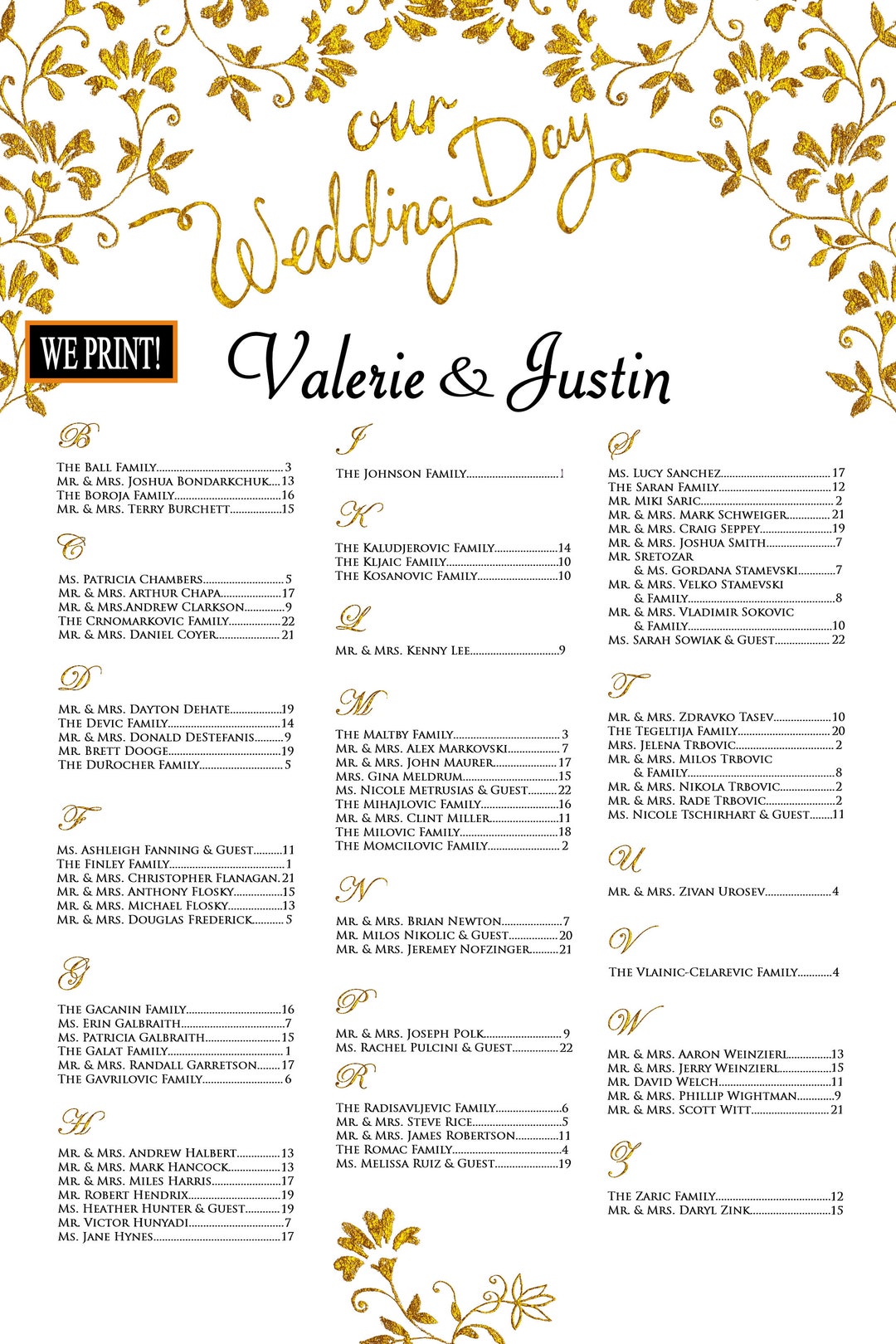 Wedding Seating Chart Poster, Elegant Gold and Black Scroll Vine