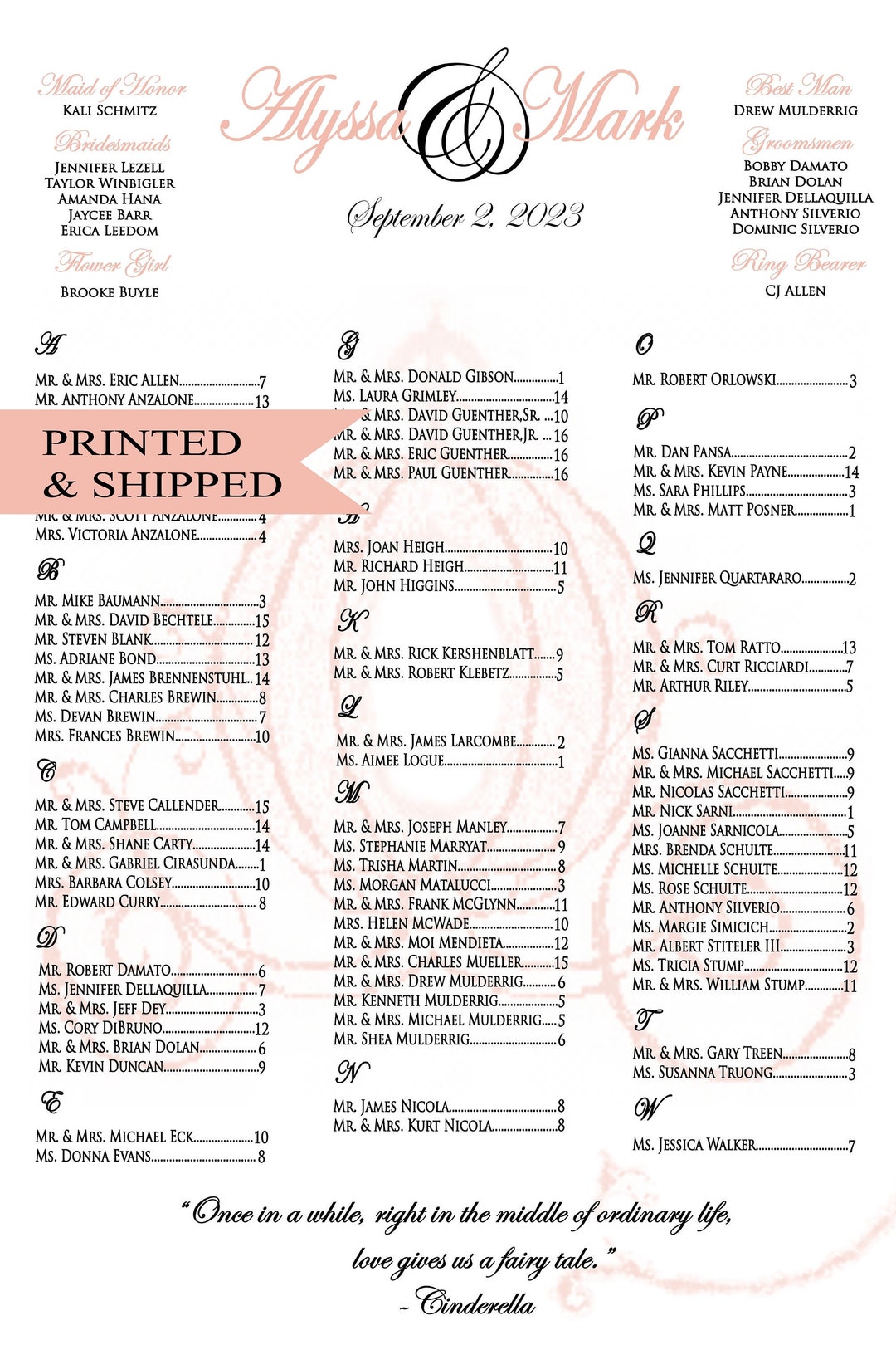 Cinderella Wedding Seating Chart Poster, Elegant Wedding Seating Chart