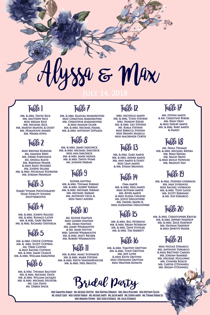 Blush Floral Navy Floral Alphabetical Blush Wedding Seating Chart Printed Or Pdf Table Seating Plan Table Order Paper Invitations Announcements Sultraline Id