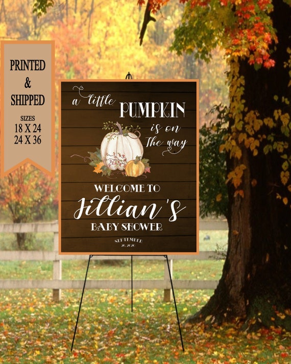 Little Pumpkin Baby Shower Welcome Sign, Fall leaves Autumn Shower Welcome, Baby Shower Decoration, Wood look PRINTED background sign