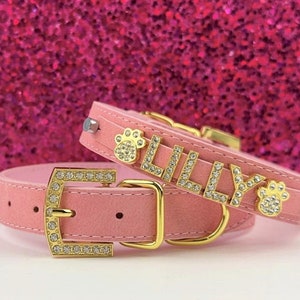 Bling Dog Collar with dog tag |  XXS XS S M L  XL | Personalized Dog Collar | Pink Dog Collar | Pink Suede and Gold Dog collar