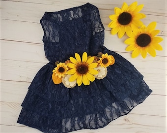 Sunflower Dog Dress | Dog Wedding Dress | Yellow & Navy blue flower girl dog dress | country wedding | XS- 3XL | The Dorothy