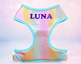 Iridescent Personalized dog harness | Reflective Easy On | Optional matching leash and poo bag | XS-L | Fits pets 10-60 lbs
