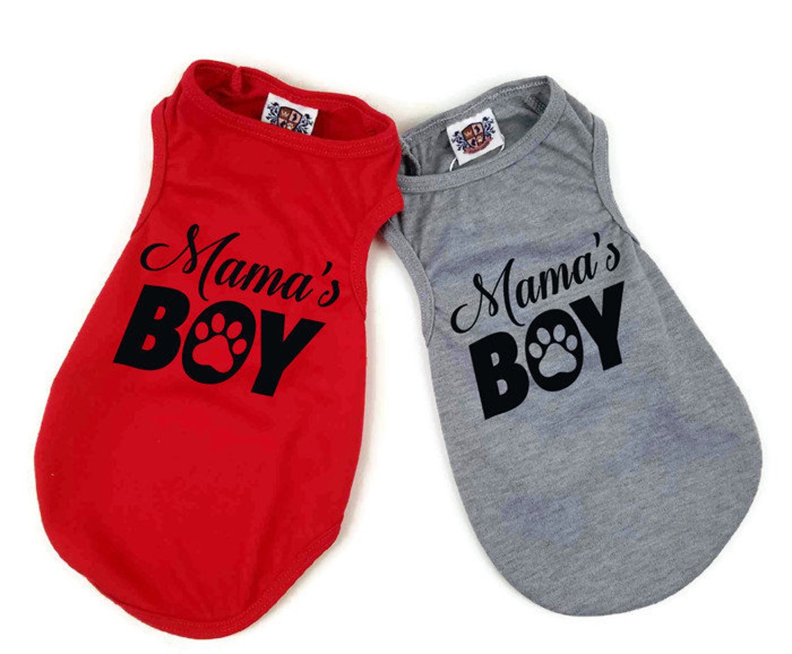 Mama's Boy Dog Shirt shown in red and grey.