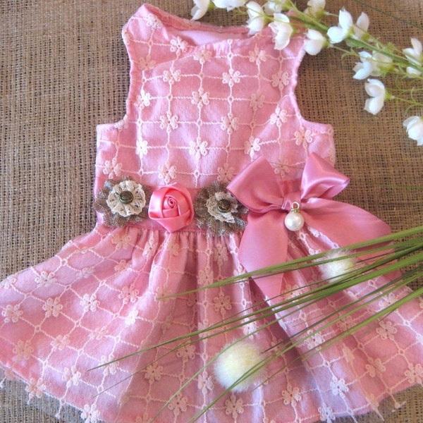Dog Dress | Tulip Tandy| pink and burlap brown |rustic wedding dog flower girl XS S M L
