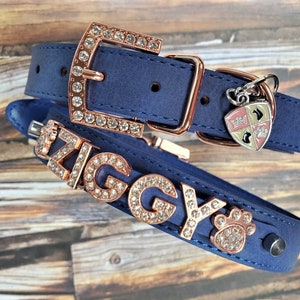 Blue Suede Dog Collar | Custom Pet Collar | Personalized Dog Collar | Rose Gold Dog Collar | Blue Suede and Rose gold Dog collar