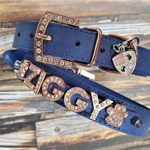 Blue Suede Dog Collar | Custom Pet Collar | Personalized Dog Collar | Rose Gold Dog Collar | Blue Suede and Rose gold Dog collar