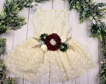 Wedding dress for dog | Dog flower girl dress | The Adelaide | Burgundy, Forest green, ivory, and gold | Winter Wedding dog attire |