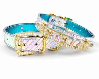 Aurora Opal Personalized Pet Collar & Harness Set | Puppy Bundle | Dog name collar | Bling Dog Collar | XXS-XXL Personalized Gift