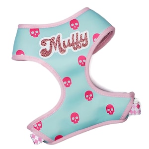 Personalized Pink Skulls dog harness |  Personalized harness | 4 Piece Set optional collar |  Fits pets 6-60 lbs Personalized Gift