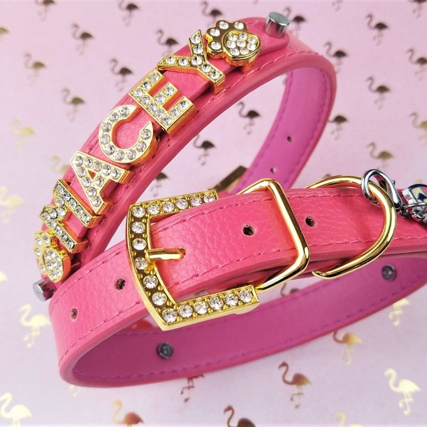 Bling Hundehalsband | Rosa Flamingo-Halsband | Hundehalsband pink | Personalisiertes Geschenk Welpen-Halsband | Hundehalsband personalisiert | Größe XXS-XXL
