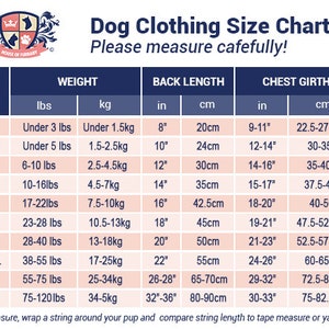 K&ouml;nnte beinhalten: Gr&ouml;&szlig;entabelle f&uuml;r Hundebekleidung mit Ma&szlig;en in Zoll und Pfund f&uuml;r die Gr&ouml;&szlig;en XXS bis 5X. Die Tabelle enth&auml;lt R&uuml;ckenl&auml;nge, Brustumfang und Gewicht in Pfund und Kilogramm.