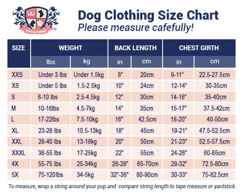 K&ouml;nnte beinhalten: Gr&ouml;&szlig;entabelle f&uuml;r Hundebekleidung mit Ma&szlig;en in Zoll und Pfund f&uuml;r die Gr&ouml;&szlig;en XXS bis 5X. Die Tabelle enth&auml;lt R&uuml;ckenl&auml;nge, Brustumfang und Gewicht in Pfund und Kilogramm.